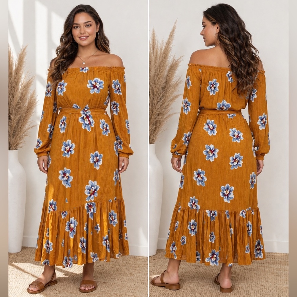 Boho Floral Off Shoulder Maxi Dress | Smocked Ruffle Hem XL